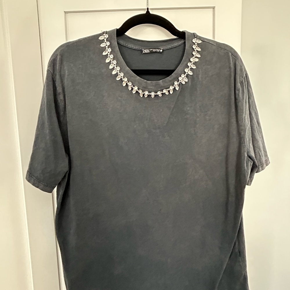 Zara Dark Gray Short Sleeve Tee with Embellished Neckline